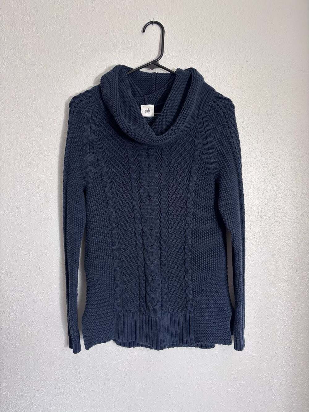 Cabi Navy Blue Cable Cowl Neck Pullover Sweater